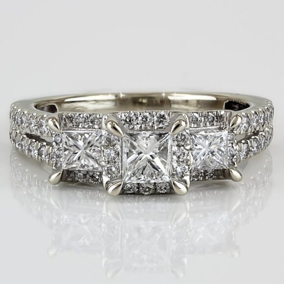 14K White Gold 3-Stone Princess Diamond Ring Round Accent Anniversary Cocktail - Picture 1 of 7